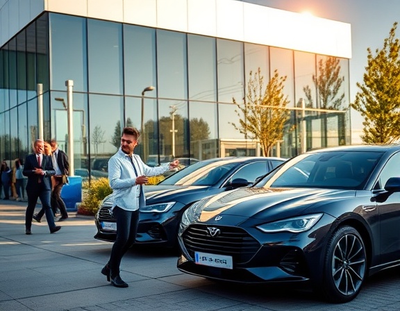 sleek dealership exterior, potential buyer, pointing to favorite model, photorealistic, modern architectural building with large glass windows, highly detailed, passerby activity, vivid color schemes, afternoon sunlight casting soft shadows, shot with a tilt-shift lens