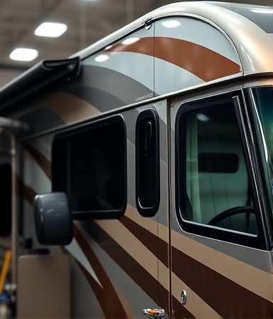 precise RV detailing, focused expression, polishing windows, photorealistic, industrial garage with tools scattered, highly detailed, reflections on the surface, ultra-high-resolution, metallic colors, direct overhead lighting, shot with a 24-70mm lens.