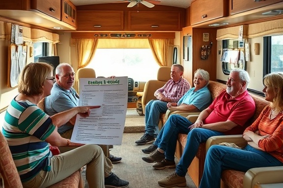RV tradein tips shared, informative, pointing at checklist, photorealistic, cozy lounge area with sitting people, highly detailed, bulletin boards with pamphlets, vibrant colors, morning light through windows, shot with a 35mm lens.