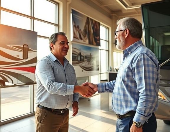 successful RV tradein negotiation, excited, shaking hands with salesperson, photorealistic, dealership floor with large window displays, highly detailed, promotional posters in the background, warm earth tones, sunlight streaming through, shot with a 24mm lens.