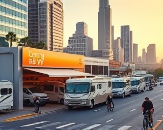 evolving RV dealership, progressive vibe, expanding showroom with modern and classic RVs, photorealistic, located on a busy city street with skyscrapers, highly detailed, with pedestrians and cyclists, shallow depth of field, vibrant colors, late afternoon lighting, shot with a 35mm lens.
