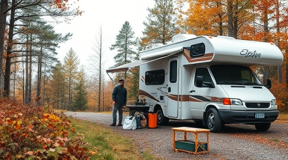 versatile RV supplies, ready, arranged on a hiking trail beside an RV, photorealistic, autumn forest scenery, highly detailed, leaves rustling with wind, rich and warm colors, overcast lighting, shot with a macro lens.