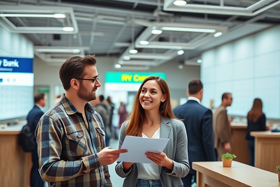 young couple applying for RV credit, optimistic engagement, consulting, photorealistic, open-plan bank office with tellers and credit score posters, highly detailed, bustling atmosphere with clients, crisp image, neutral colors, bright indoor lighting, shot with a 28mm lens.