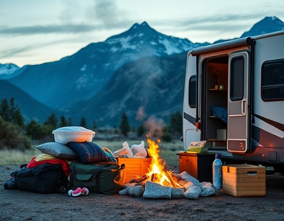 essential RV supplies, organized, being unpacked near a campfire, photorealistic, mountains in the background, highly detailed, smoke from the fire slowly rising, crisp and clear colors, soft natural lighting, shot with an 85mm lens.