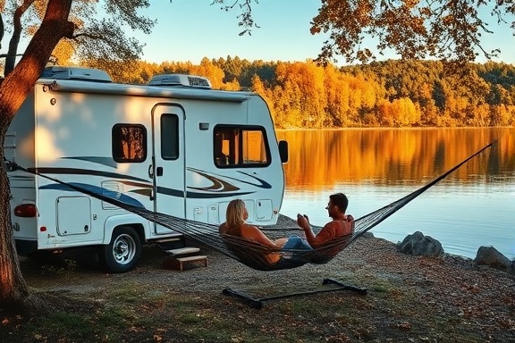 tranquil RV camping, relaxing and peaceful, couple reading in hammock, photorealistic, located by a serene lake with reflections of autumn foliage, highly detailed, water gently lapping at the shore, 8000x4000 resolution, vibrant fall colors, soft morning light, shot with a 50mm lens.