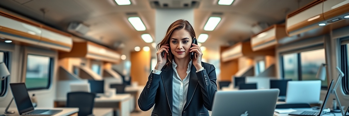 chic RV dealership, businesswoman, making a phone call, photorealistic, professional setting with desks and laptops, highly detailed, business documents visible, contemporary office colors, fluorescent overhead lights, shot with a 50mm prime lens
