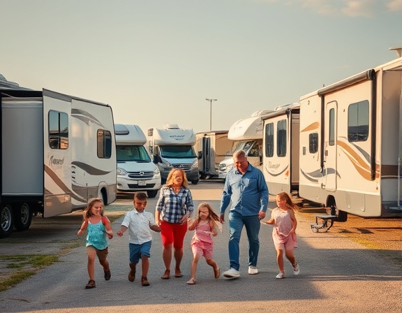 dynamic dealership lot, children with parents, playing near RVs, photorealistic, open outdoor space with attractive RV showcases, highly detailed, family cluster interactions, natural earth tones, morning light energy, shot with a telephoto zoom lens