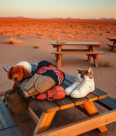 adventurous RV essentials, curious, laying out on a picnic table at a rest area, photorealistic, vast desert landscape, highly detailed, wind causing slight movement, warm earthy tones, sunset glow, shot with a telephoto lens.