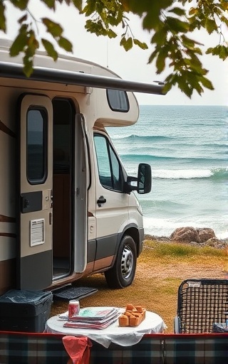 functional RV equipment, prepared, setting up a camping area, photorealistic, by the seashore with the ocean waves, highly detailed, gentle breeze rustling leaves, muted natural colors, midday bright lighting, shot with a zoom lens.