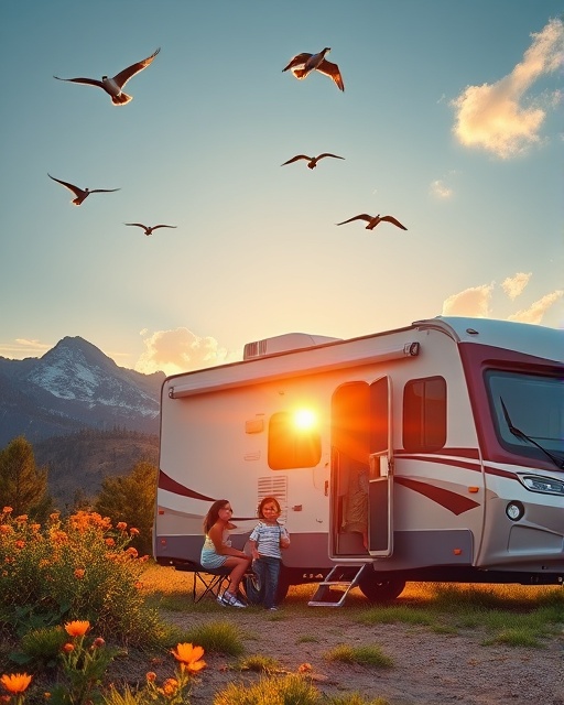 camper RV, excited kids, playing outside, photorealistic, scenic mountain backdrop with wildflowers, highly detailed, birds flying in the sky, 8K resolution, bright primary colors, radiant sunset glow, shot with a 24mm wide-angle lens.