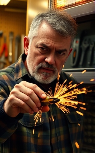 dedicated RV upkeep, concentrated expression, tightening wires, photorealistic, mechanics workshop with organized tools, highly detailed, sparks flying from a wire cutter, deep focus, warm colors, spotlight lighting, shot with an 85mm lens.