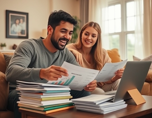 couple discussing RV payment, excited discussion, calculating, photorealistic, cozy living room with stacks of financial documents and a laptop open, highly detailed, dynamic financial graphs, precise focus, warm tones, diffused lighting, shot with a 50mm lens.