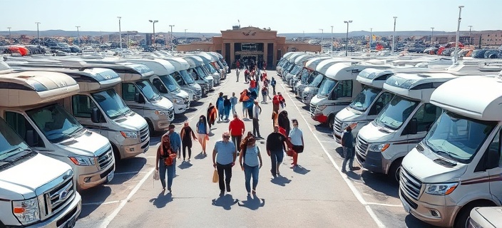 spacious dealership lot, interested visitors, walking between rows of RVs, photorealistic, expansive outdoor area with different RV models, highly detailed, interactions among viewers, diverse colors, bright sunny day, shot with a panoramic lens