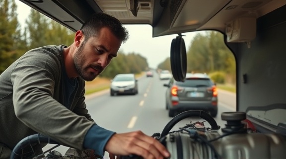 intricate RV repair, engrossed expression, adjusting engine parts, photorealistic, roadside with passing cars and trees, highly detailed, engine smoke billowing, fine-grain texture, rich colors, low-angle lighting, shot with a telephoto lens.