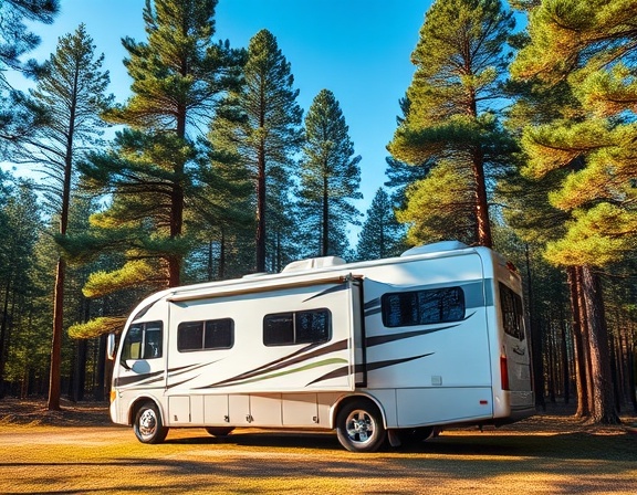 modern RV exteriors, sleek and aerodynamic, parked in a forest clearing, photorealistic, surrounded by towering pine trees and a clear blue sky, highly detailed, leaves rustling gently in the breeze, 6000x4000 resolution, metallic silver, afternoon sunlight, shot with a 16mm ultra-wide lens.