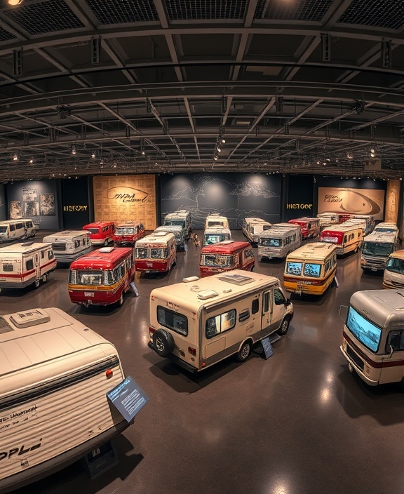 RV history, informative display, timeline of RV designs over decades, photorealistic, arranged meticulously in a museum gallery setting, highly detailed, with informational plaques and interactive screens, panoramic view, cool tones, artificial gallery lighting, shot with a 16mm lens.