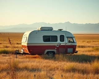 vintage RV, retro enthusiasts, exploring wilderness, photorealistic, open prairie with tall grasses and distant mountains, highly detailed, slight breeze moving the grass, HDR resolution, muted vintage colors, soft backlight, shot with a 85mm lens.