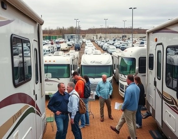 RV tradein value estimation, curious, inspecting RV conditions, photorealistic, busy outdoor dealership lot with many RVs, highly detailed, people examining RVs, sharp focus, earth tones, overcast skies, shot with a wide-angle lens.