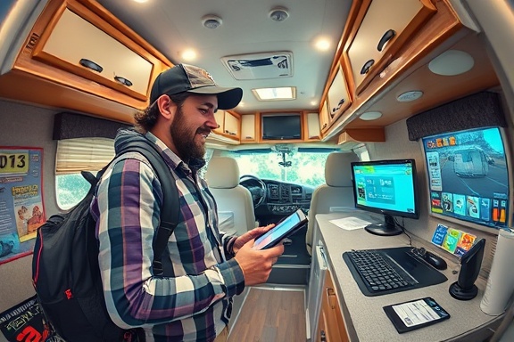 upbeat RV showroom, adventurous solo traveler, inspecting RV gadgets, photorealistic, tech-savvy area with interactive screens and brochures, highly detailed, traveler engrossed in RV setup, vibrant colors, focused spotlighting, shot with a fisheye lens