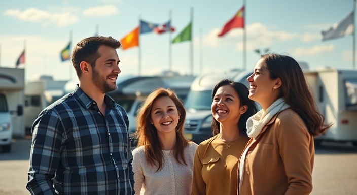 family deciding on RV purchase, delighted faces, contemplating, photorealistic, RV dealership lot with various models in the background, highly detailed, gentle breeze moving flags, high-definition, vivid colors, natural sunlight, shot with a 16mm lens.