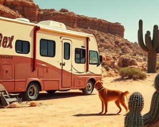 motorhome RV, curious dog, sniffing around, photorealistic, desert landscape with rocky formations and cacti, highly detailed, dust particles suspended in the air, 12K resolution, sandy beiges and deep reds, harsh midday sun, shot with a 35mm lens.