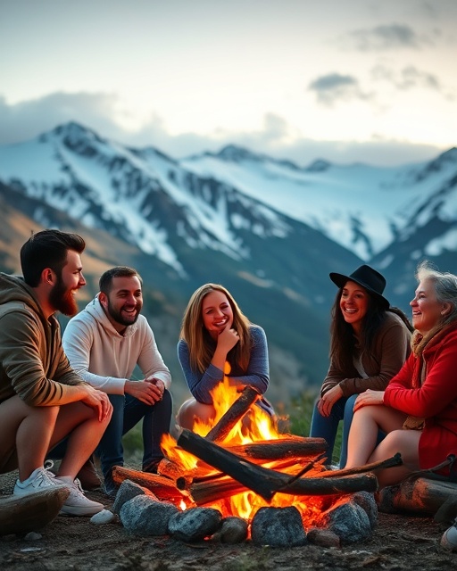 adventurous RV lifestyle, carefree and spirited, group of friends laughing around a campfire, photorealistic, set in a mountain landscape with snow-capped peaks, highly detailed, flames dancing and sparks flying, 7000x4500 resolution, warm glow, golden hour lighting, shot with a 35mm prime lens.