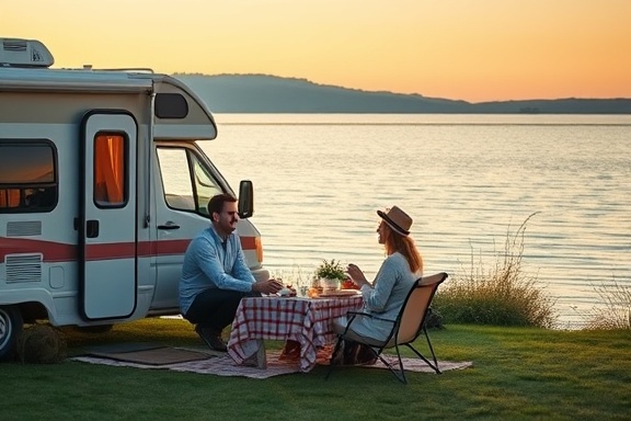 travel RV, content couple, setting up picnic, photorealistic, lakeside view with serene waters and reeds, highly detailed, gentle ripples on water, UHD resolution, pastel hues, golden hour lighting, shot with a 70mm lens.
