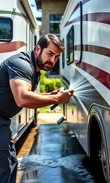 thorough RV cleaning, determined expression, washing the exterior, photorealistic, suburban driveway with garden, highly detailed, water droplets splashing, high-resolution, crisp colors, bright midday sun, shot with a macro lens.