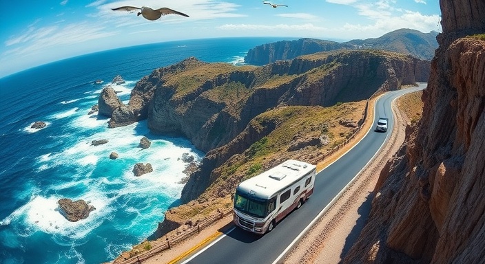 thrilling RV adventure, bold and exhilarating, RV driving along a winding cliffside road, photorealistic, dramatic coastal cliffs with waves crashing against rocks, highly detailed, seagulls soaring in the sky, 9000x6000 resolution, deep ocean blues, bright midday light, shot with a 20mm fisheye lens.