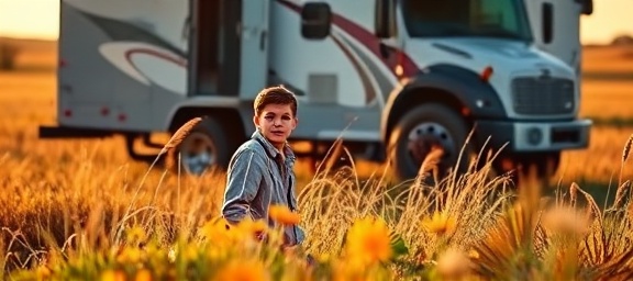 careful RV inspection, curious expression, examining tires, photorealistic, open field with scattered wildflowers, highly detailed, wind ruffling grass blades, bokeh effect, earthy colors, golden hour lighting, shot with a wide aperture lens.
