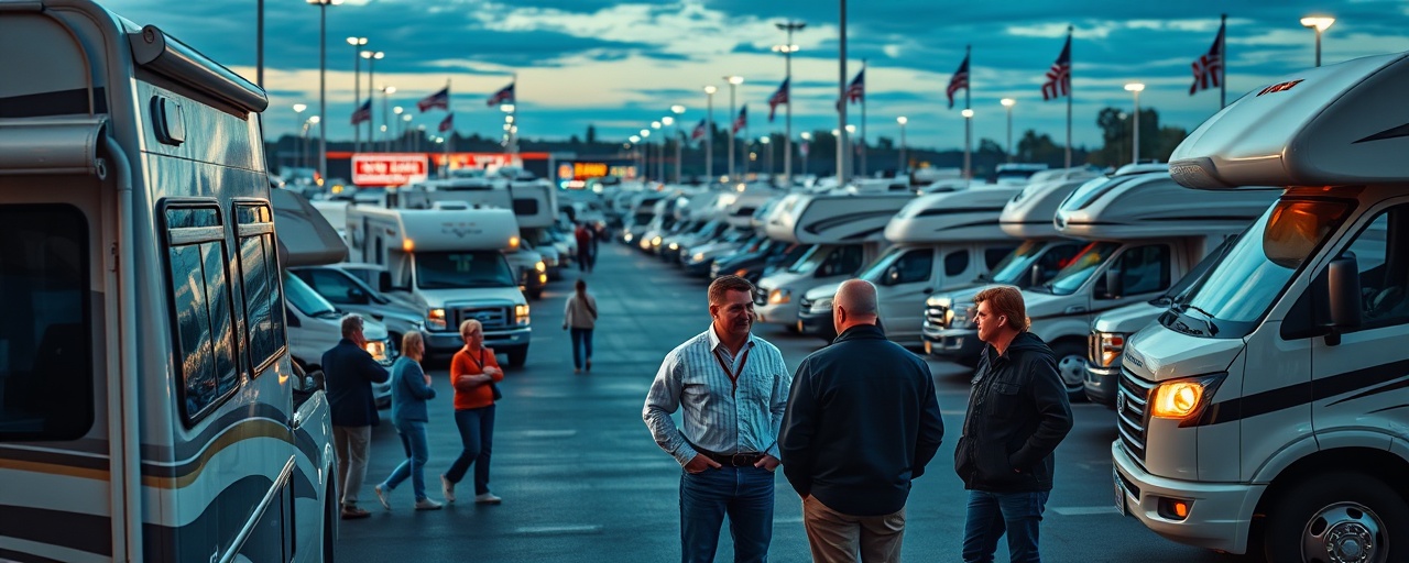 bustling RV dealership, vibrant, customers discussing with a dealership contact, photorealistic, busy dealership lot with a variety of RVs on display, highly detailed, flags fluttering in the breeze, dynamic shot, rich blues and greens, evening lighting, shot with a Sony FE 24-105mm f/4 G OSS lens.