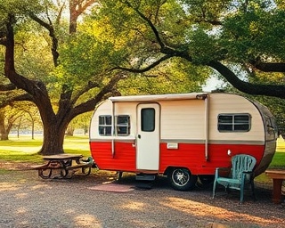 vintage RV, nostalgic embrace, parked under leafy oaks, photorealistic, nestled in a serene campground with picnic benches, highly detailed, with birds and leaves gently rustling, ultra-wide angle, warm colors, dappled sunlight, shot with a 24mm lens.