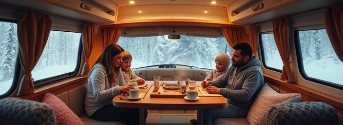cozy RV interiors, warm and snug, family playing board games, photorealistic, backdrop of a snowy winter wonderland visible through windows, highly detailed, steam rising from mugs of hot cocoa, 4000x6000 resolution, soft pastels, dim lamp light, shot with a 35mm lens.