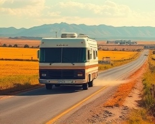 classic RV, timeless appeal, journeying down a scenic rural road, photorealistic, surrounded by golden fields and distant mountains, highly detailed, with dust trailing behind, motion blur, earthy tones, midday lighting, shot with a telephoto lens.