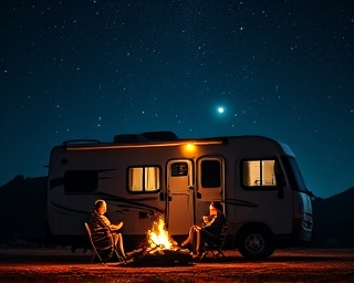 camper RV, family, sharing stories by the fire, photorealistic, starry night sky with visible constellations, highly detailed, flickering firelight reflections, 10K resolution, cool blues and warm firelight, moonlight casting shadows, shot with a 50mm lens.