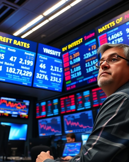 RV interest rates display, informative expression, analyzing trends, photorealistic, financial office with large screens showing fluctuating rates and market news, highly detailed, active digital displays, sharp clarity, blue and white color palette, overhead fluorescent lighting, shot with a 35mm lens.