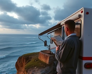 used RV, solo traveler, reading a map, photorealistic, cliffside view overlooking ocean waves, highly detailed, clouds passing overhead, 6K resolution, ocean blues and cliff browns, diffused evening light, shot with a 24mm lens.