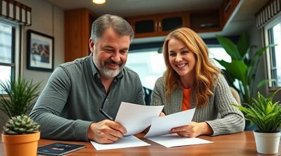 bustling RV sales, satisfied couple, signing purchase papers, photorealistic, cozy office with framed photos and green plants, highly detailed, documents and pens on desk, varied skin tones, soft overhead lighting, shot with a medium telephoto lens